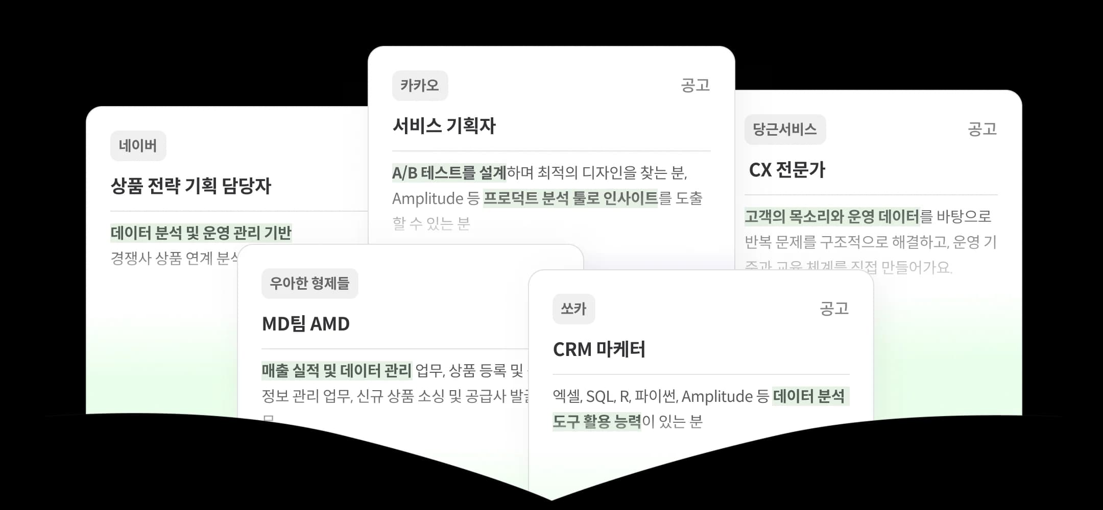 데이터 기반 문제 해결 능력이 필요한 다양한 직무의 채용 공고 예시
